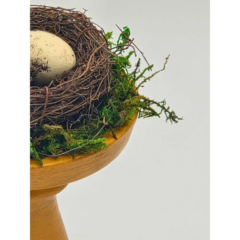 Hand-Painted Nest Pedestal • Upcycled Farmhouse Spring Decor, Speckled Eggs